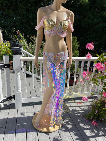Ready to ship Medium - Pink and Gold Sequins Mermaid Siren Belly Dancer 2 Piece