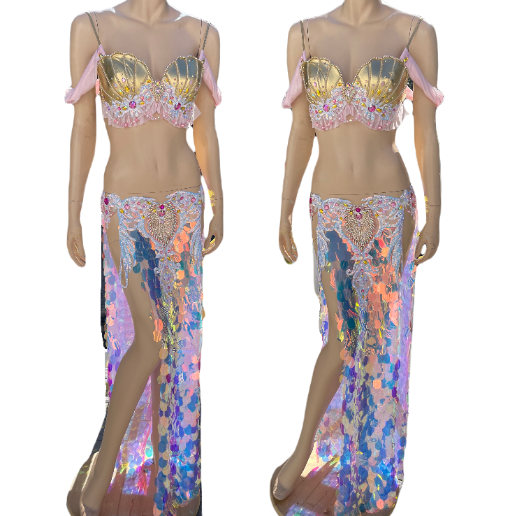 Pink and Gold Sequins Mermaid Siren Belly Dancer 2 Piece