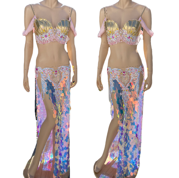 Pink and Gold Sequins Mermaid Siren Belly Dancer 2 Piece