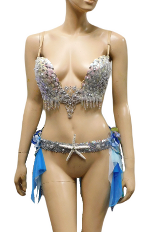 Iridescent White Sequin Scale Mermaid Deep Plunge with Garter Belt Skirt
