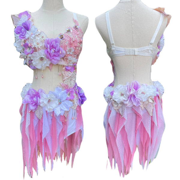 High Waisted Pearl Pink Lavemder White Fairy Monokini Dance Costume Rave Halloween