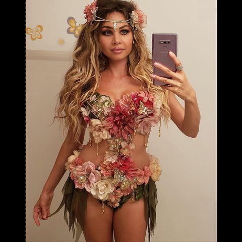 Golden Spring Forest Fairy Goddess with Green Skirt Dance Costume Rave Bra Monokini Halloween