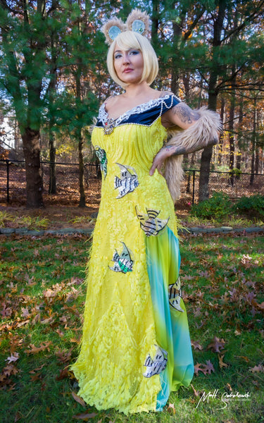 Yellow Sequins Fish Dress with Fur Shawl and Ears Inspired By CJ From Animal Crossing