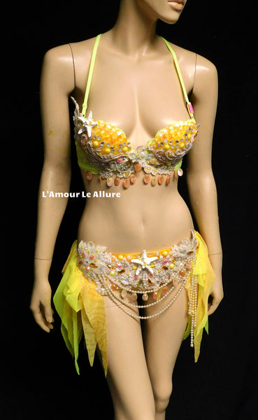 Yellow and Orange Pearl Sequin Scale Mermaid Bra and Skirt