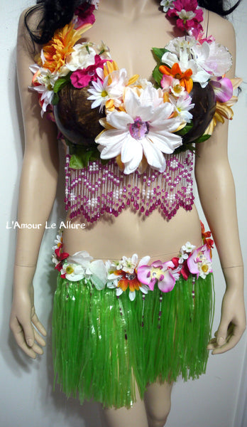Tropical Hula Girl Coconut Flower Bra and Green Grass Skirt