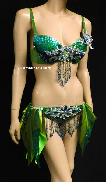 Green Blue and Silver Sequin Scale Mermaid Bra and Skirt