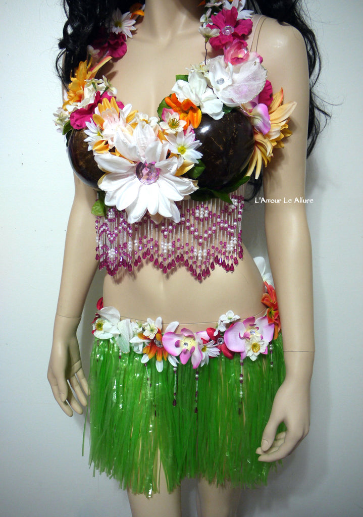 Hawaiian Grass Skirt Adult and Fake Coconut Top Bra Hula Luau Costume  Halloween