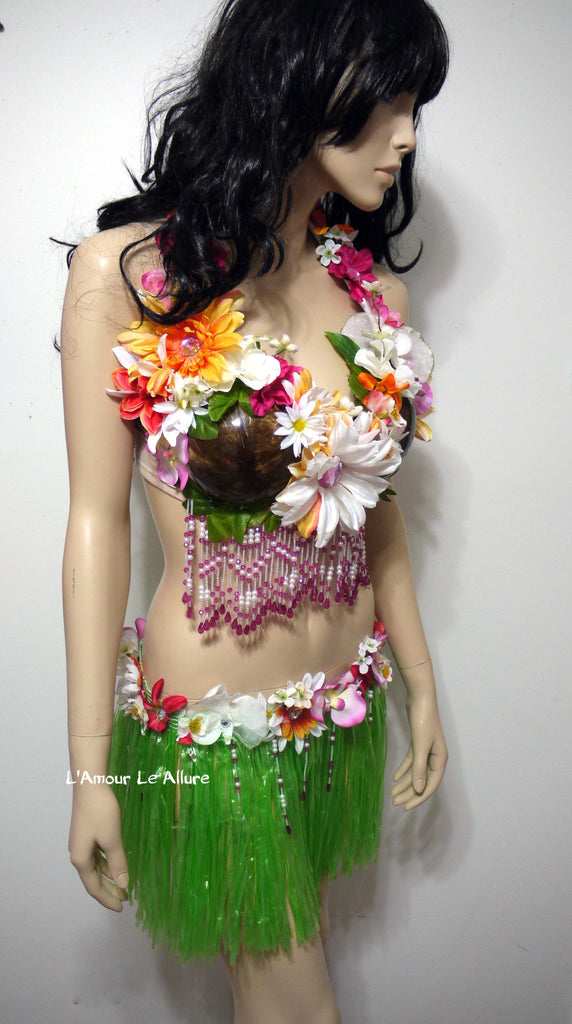 Tropical Hawaiian Hula Island Girl Orchid Flower Bra and Leaf Skirt –  L'Amour Le Allure