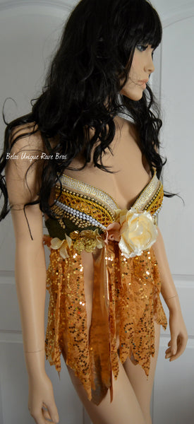 Golden Olive Goddess Fairy Mother of Nature Rave Bra Baby Doll Dress Halloween Costume