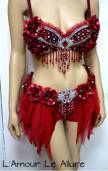 Red Rose Glitter Fairy Rave Bra and Skirt Shorts Halloween Dance Costume
