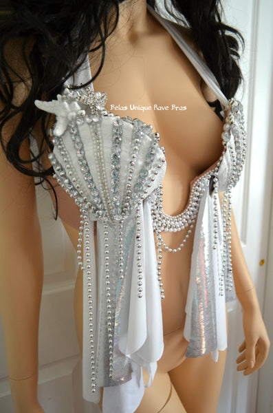 White Diamond Plunge Mermaid Shell Dance Costume Rave Bra Halloween