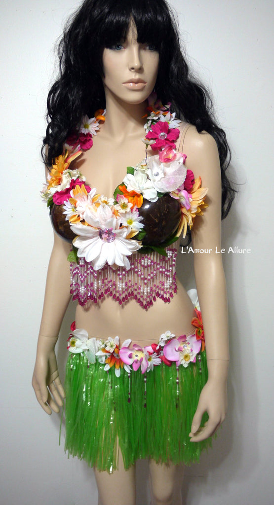 floor length grass skirt with floral waist band coconut bra and lei