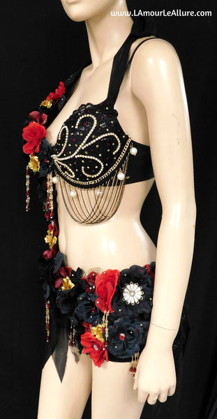 Elegent Burgundy Red Gold and Black Goth Fairy Monokini Dress