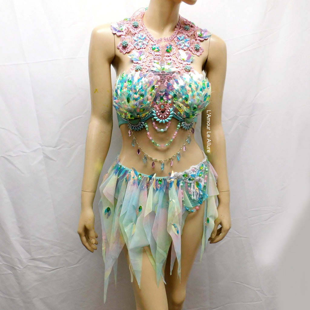 Holographic Pastel Rainbow Flower Fairy Bra and Bottom Costume