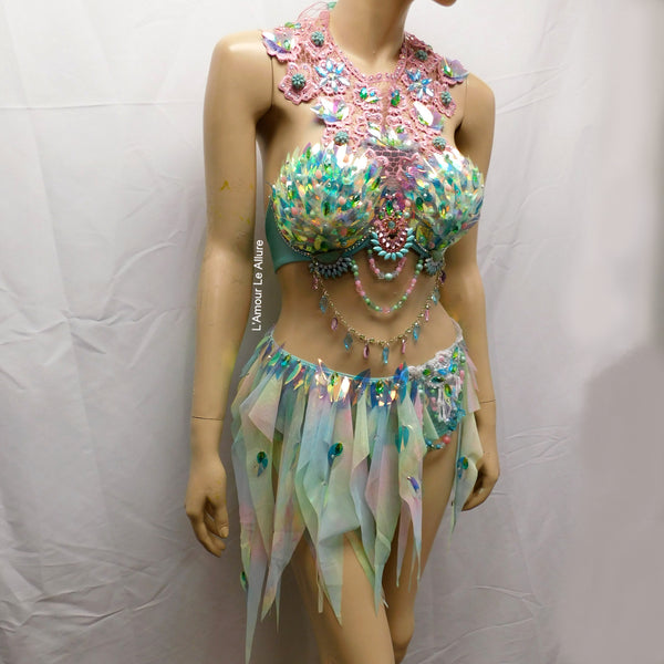 Holographic Pastel Rainbow Flower Fairy Bra and Bottom Costume Dance Rave Halloween