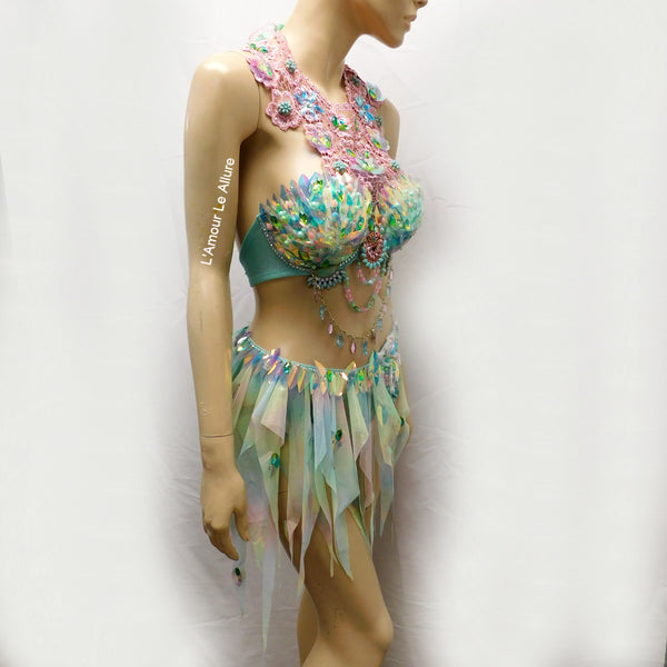 Holographic Pastel Rainbow Flower Fairy Bra and Bottom Costume Dance Rave Halloween