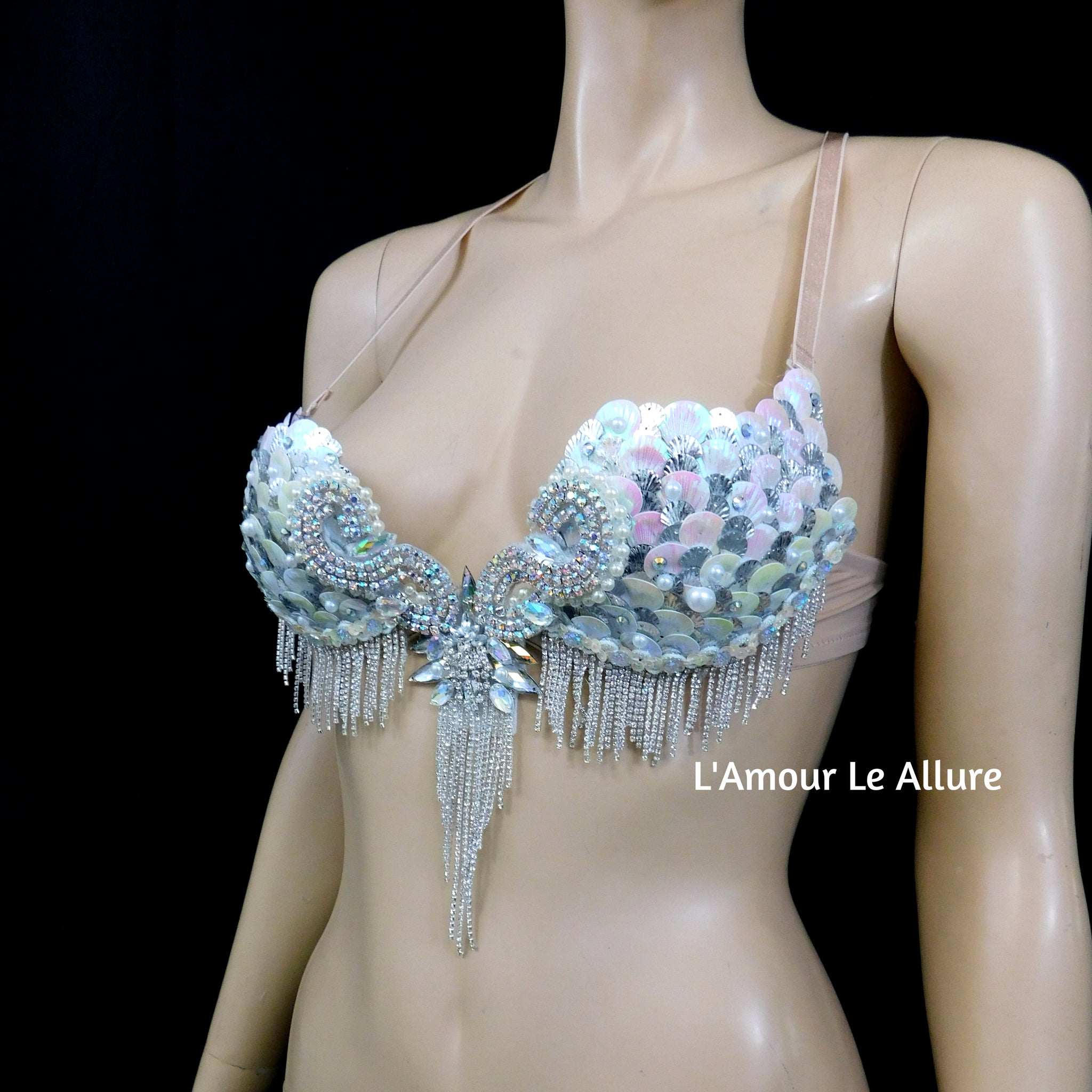White and Silver Mermaid Rave Bra and Bottoms - Complete Outfit