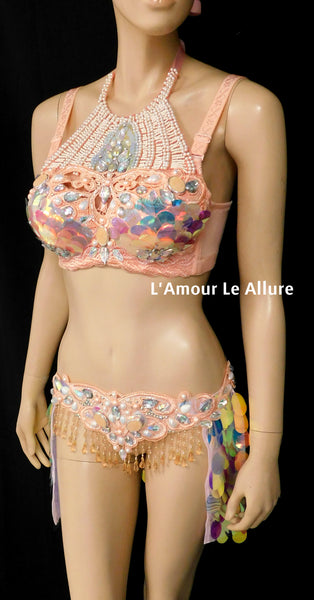 Ready to Ship 34C/36B Peach Mermaid Lace Top and Iridescent Sequin Skirt