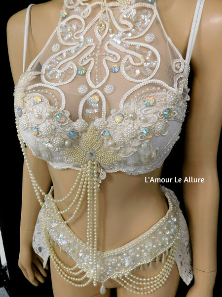 Dripping in Pearls White Lace Bra and Skirt Dance Costume Rave Halloween