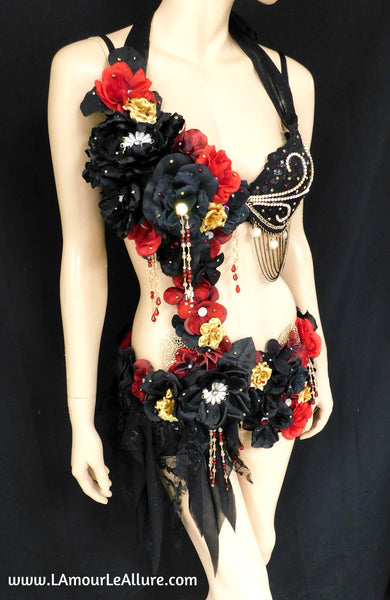 Elegant Burgundy Red Gold and Black Goth Fairy Monokini Dress