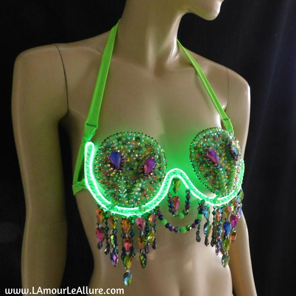 Light Up LED Neon Green Two Headed Alien Samba Carnival Rhinestone Top