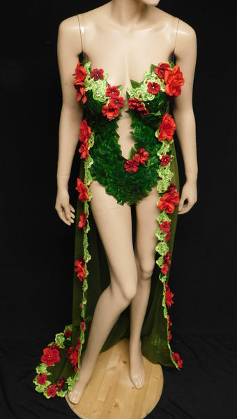 Red Rose Poison Ivy Monokini Gown Dress Costume Rave Cosplay Halloween