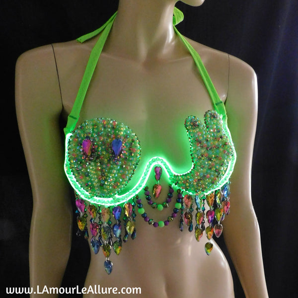 Light Up LED Neon Green Peace Alien Carnival Rhinestone Top