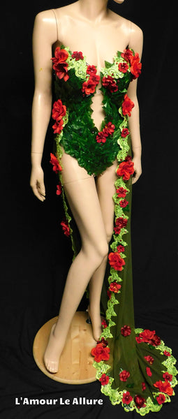 Red Rose Poison Ivy Monokini Gown Dress Costume Rave Cosplay Halloween