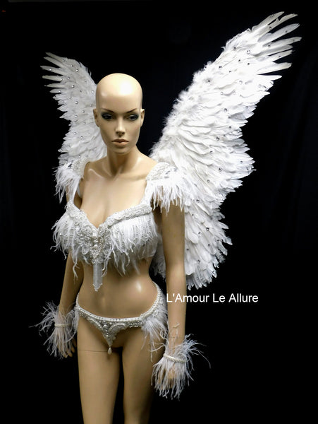 White Rhinestone Feather Angel Bra and Skirt Costume