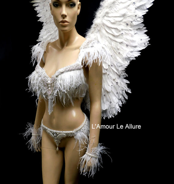 White Rhinestone Feather Angel Bra and Skirt Costume