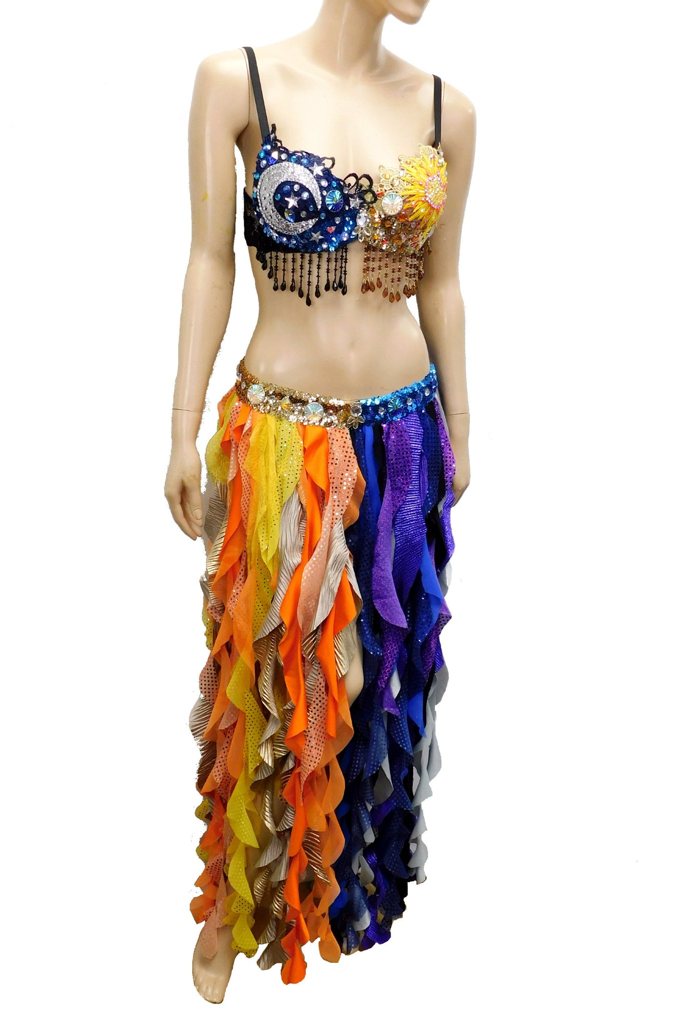 Sun and Moon Burlesque Belly Dancer Show Girl Rave Bra and Skirt
