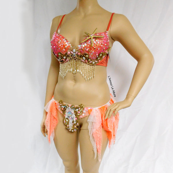 Salmon Pink Sequin Gold Scale Mermaid Dance Costume Rave Bra Halloween