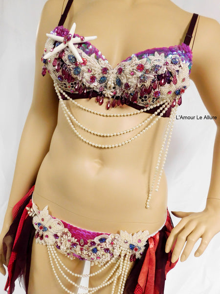 Ready to Ship 36A Purple and Burgundy Red Pearl Sequin Scale Mermaid Bra and Skirt