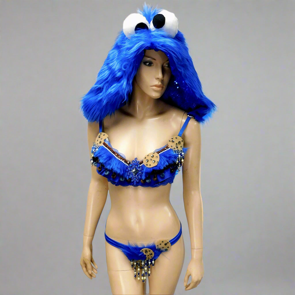 Cookie Monster Inspired Dance Festival Cosplay Costume Detachable Fur Hood, Bra and Thong