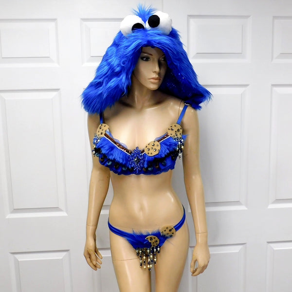Cookie Monster Detachable Fur Hood, Bra and Thong