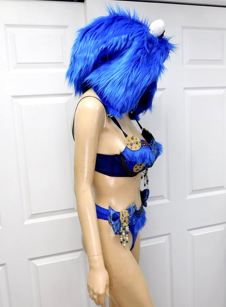 Cookie Monster Detachable Fur Hood, Bra and High Waist Bottom