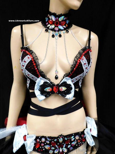 Red Black and Silver Plunge Goth Cross Bra Chain Necklace and Tutu Bustle