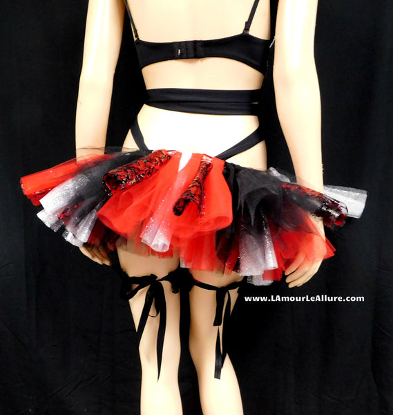 Red Black and Silver Plunge Goth Cross Bra Chain Necklace and Tutu Bustle