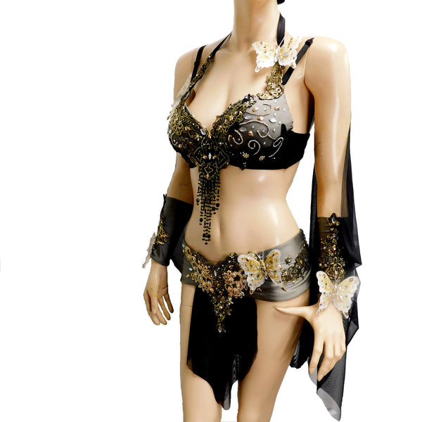 Black and Gold Butterfly Goddess Fairy Costume Dance Rave Bra Cape and Skirt