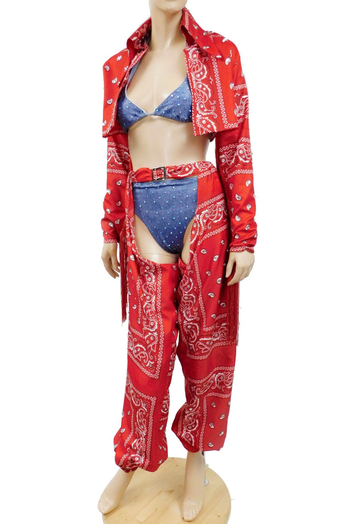 Ready to Ship Size Large - Cardi B Thotiana Cowgirl Inspired Costume - Red Bandana Cow Girl Jacket and Chaps (Bikini not Included)