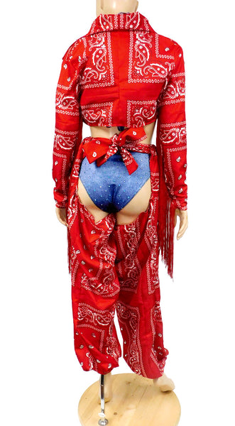 Cardi B Thotiana Inspired Costume - Red Bandana Cow Girl Jacket and Chaps with a Stretch Jean Bikini