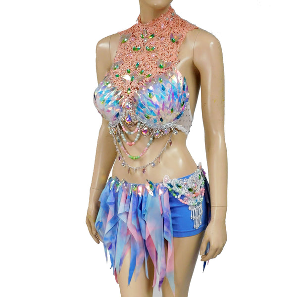Blue Holographic Pastel Rainbow Flower Fairy Bra and Bottom Costume Halloween