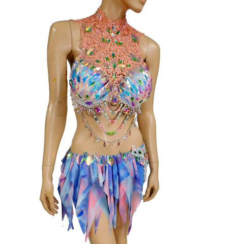 Blue Holographic Pastel Rainbow Flower Fairy Bra and Bottom Costume Halloween