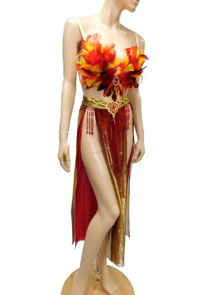 Girl On Fire Phoenix Plunge Festival Rave Top With Belly Skirt Halloween Dance Costume