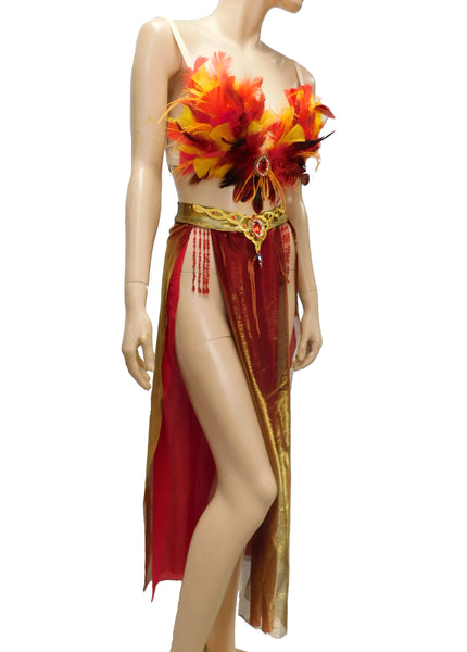 Girl On Fire Phoenix Plunge Festival Rave Top With Belly Skirt Halloween Dance Costume
