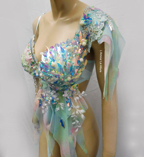 Holographic Pastel Rainbow Flower Fairy Bra Top Costume Dance Rave Halloween