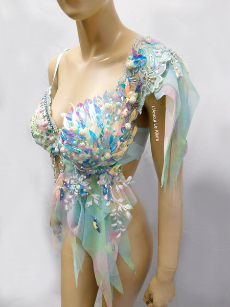 Holographic Pastel Rainbow Flower Fairy Bra Top Costume Dance Rave Halloween