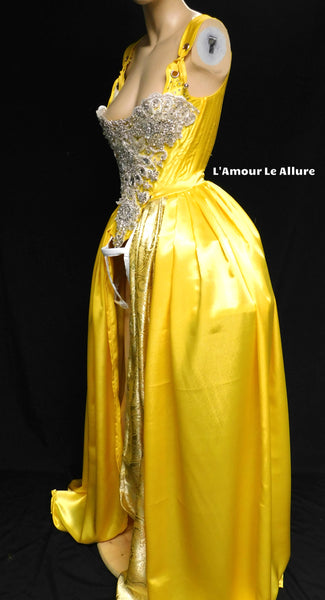 Belle Yellow Rhinestone Medieval Renaissance Ball Gown Dress Skirt with Corset and Bone skirt