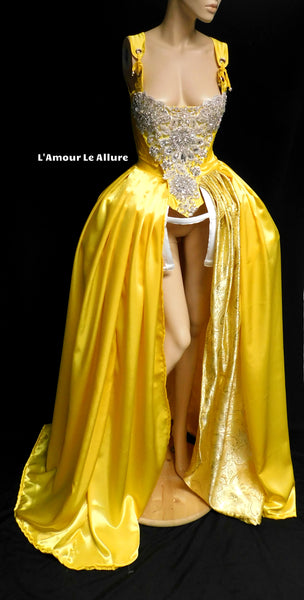 Belle Yellow Rhinestone Medieval Renaissance Ball Gown Dress Skirt with Corset and Bone skirt