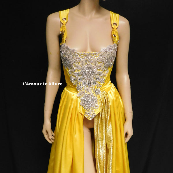 Belle Yellow Rhinestone Medieval Renaissance Ball Gown Dress Skirt with Corset